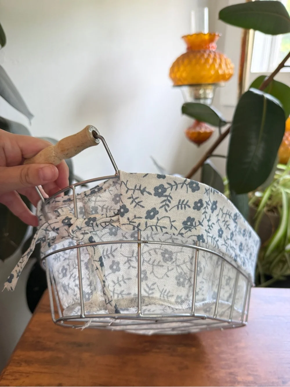 Decorative Blue Floral Lined Wire Basket - Home Accents